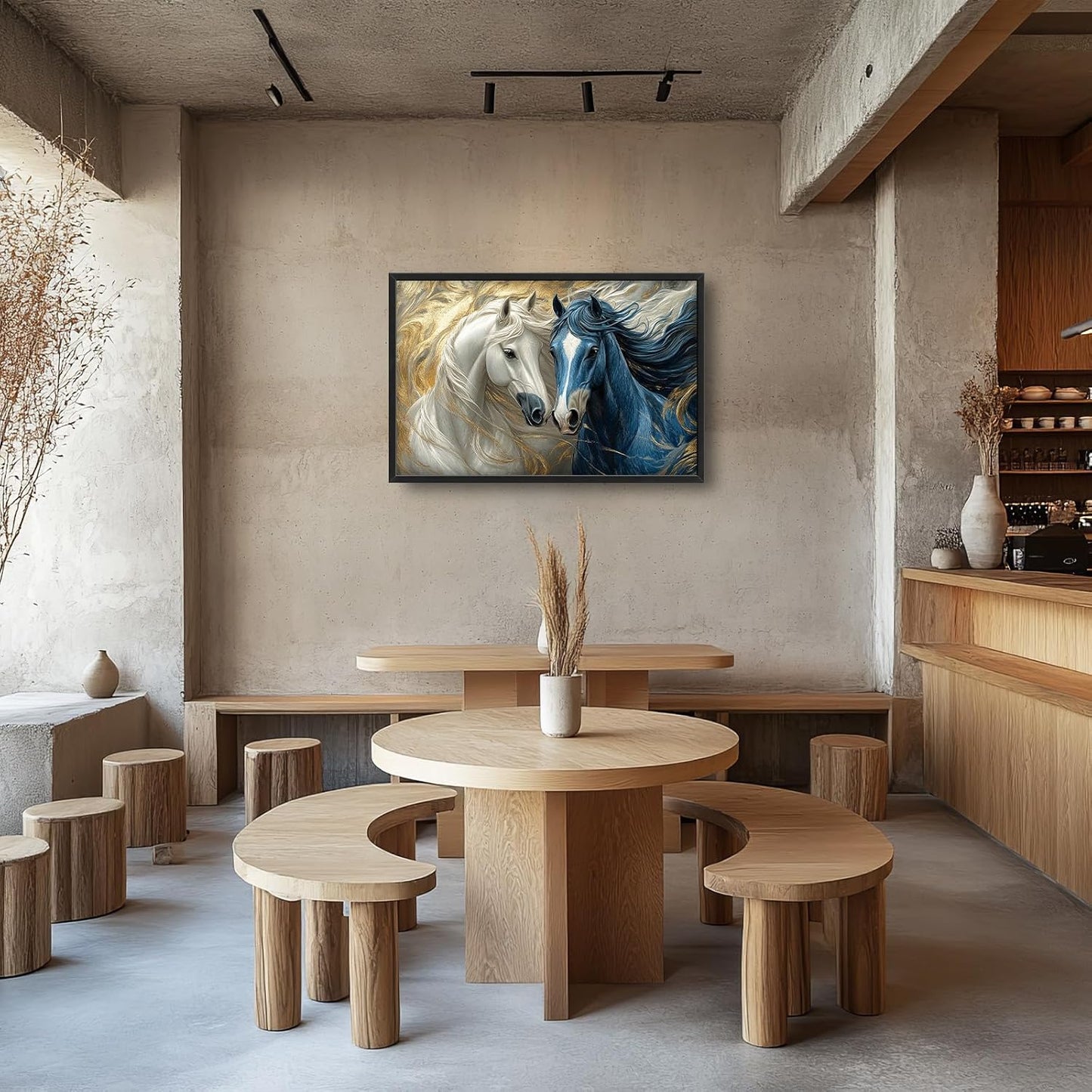 Framed Large Horse Wall Art for Living Room, Oversized Abstract Horses Wall Decor Blue and Golden Canvas Painting Animal Pictures Modern Artwork for Living Room Bedroom Office 36"x24"