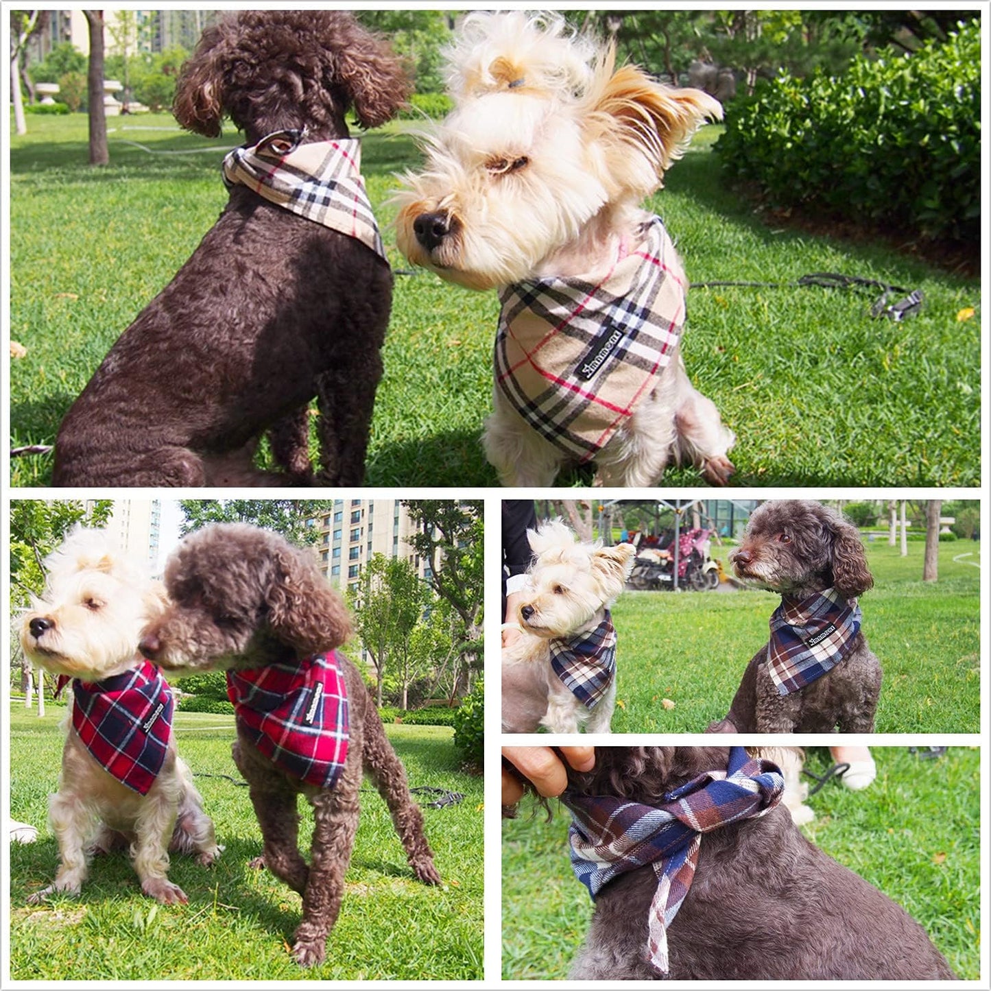 Adjustable Plaid Dog Bandanas,1PC Soft Washable Cotton Triangle Bib Kerchief Scarfs for Small Medium Large Dogs and Cats (Light Khaki, Large)