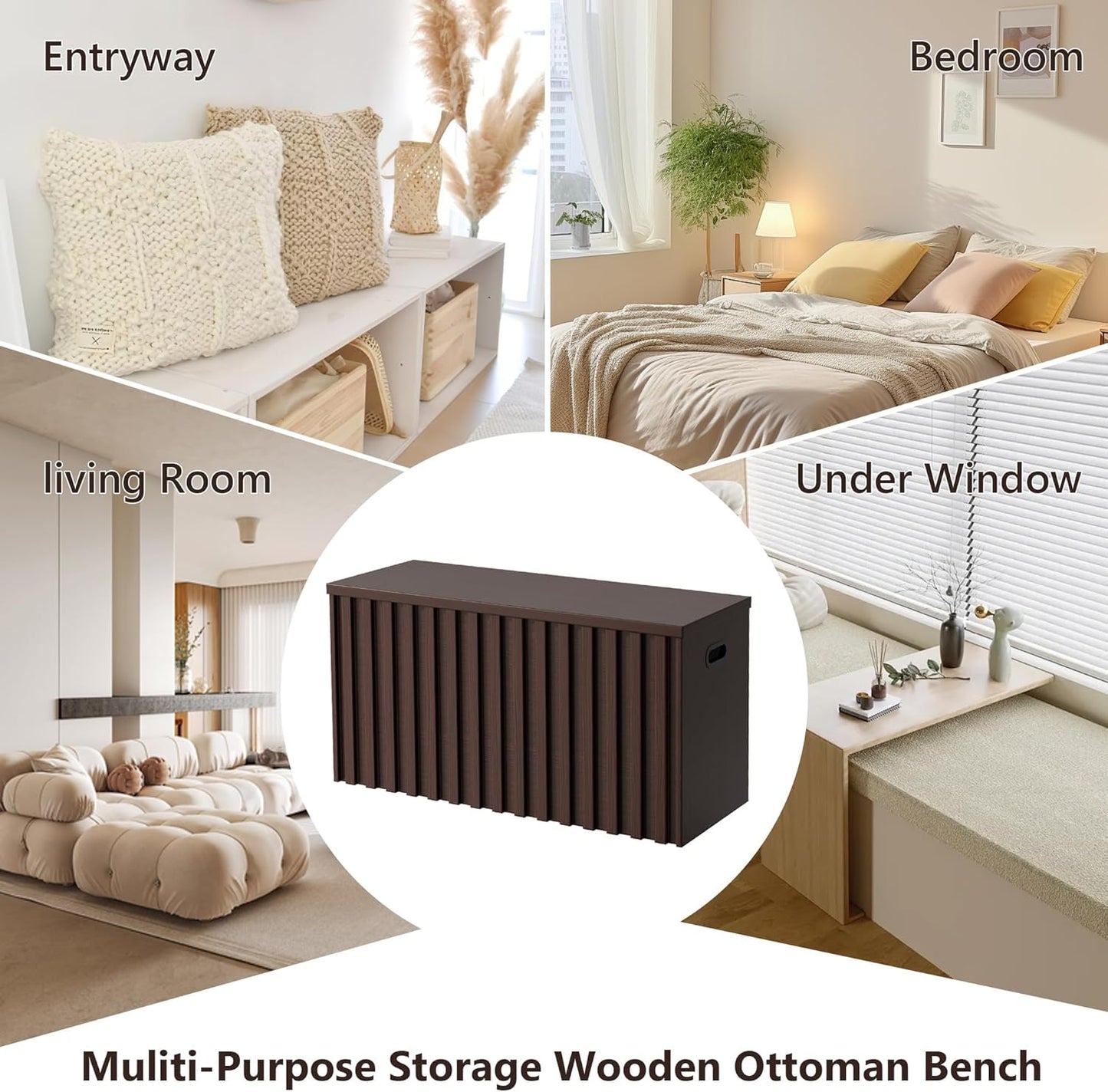 UEV Storage Bench Set of 2, 39.4" Wood Storage Trunk with 2 Safety Hinges, Sturdy Storage Chest, Fluted Wood Leg, Walnut