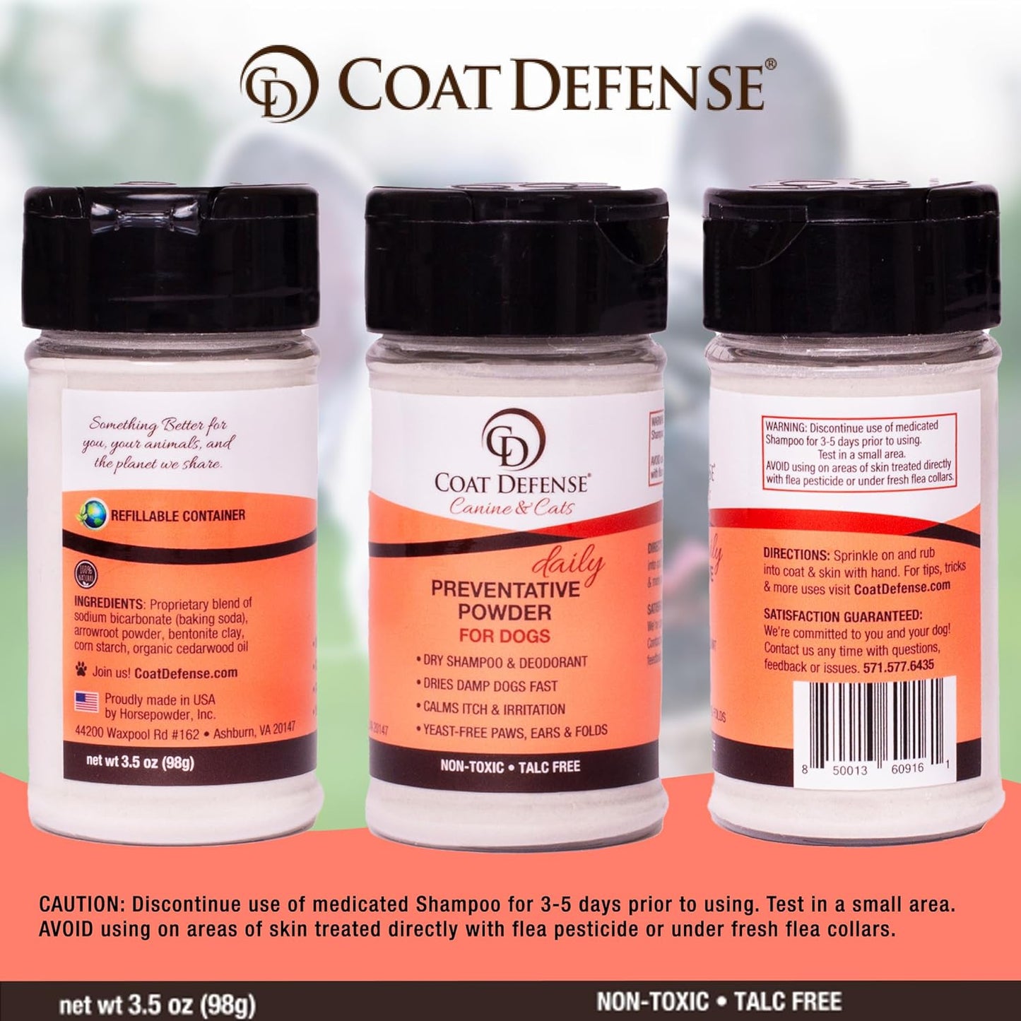 COAT DEFENSE Preventative Powder | Made in USA | 3.5oz Waterless Dog Shampoo & Pet Deodorizer for Smelly Dogs | Provides Anti Itch Relief | Dog Shampoo for Dry Itchy Skin & Smelly Dogs
