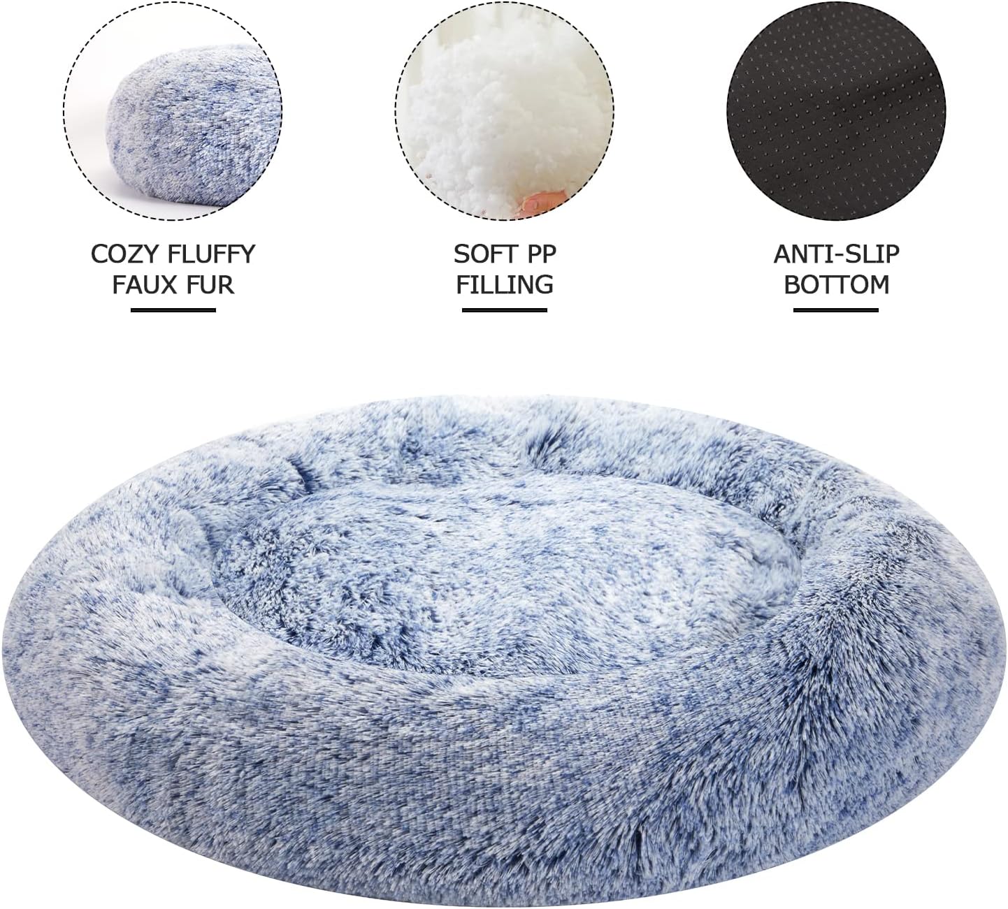 Bedfolks Calming Donut Dog Bed - 36 Inch Round Plush Beds for Large Dogs, Anti-Anxiety Machine Washable (Navy Blue, Large)