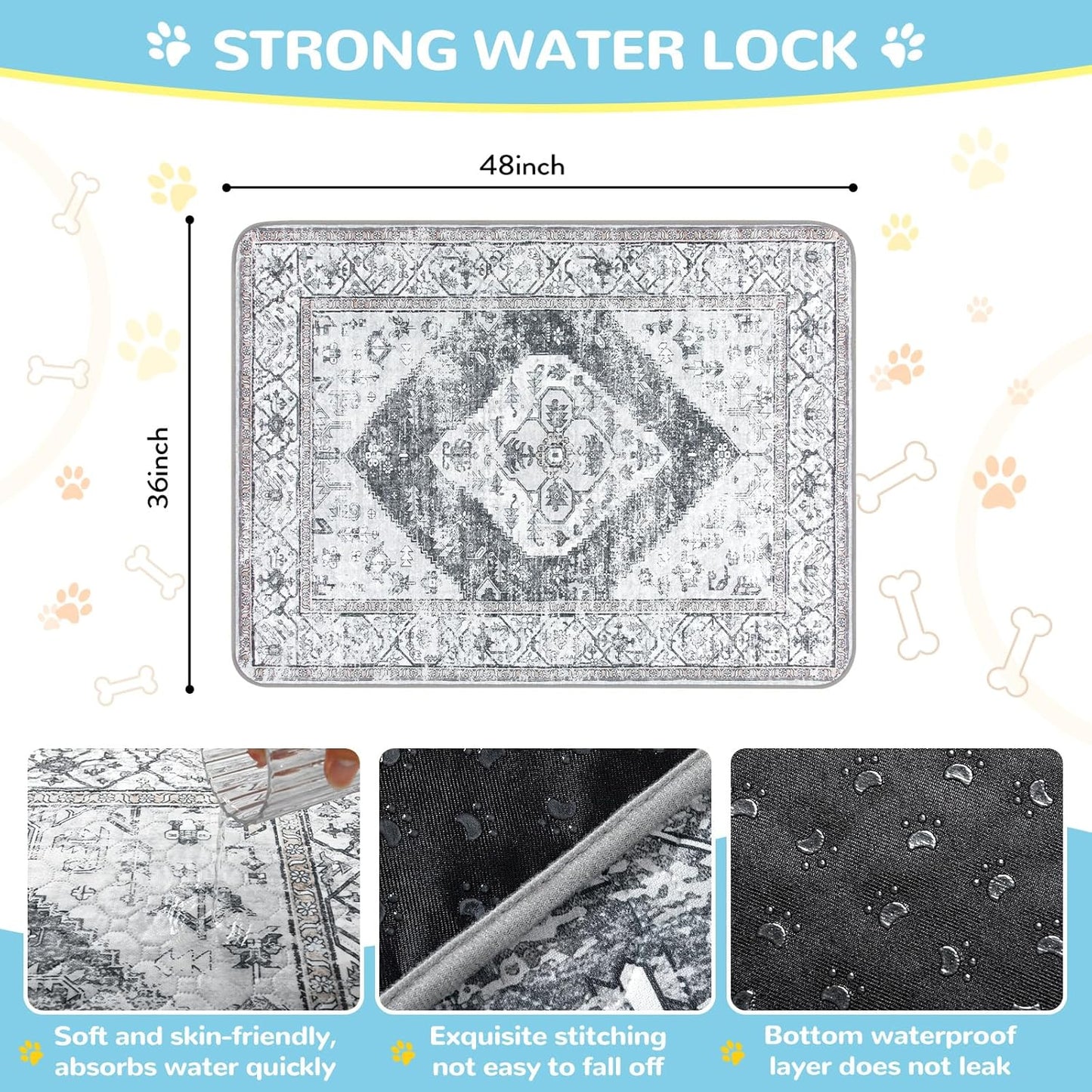 Lahome Reusable Washable Puppy Pads - 2 Pack Super Absorbent & Waterproof Dog Training Mats for Potty, Crate and Floor - Leakproof Pee Pads with Non-Slip Backing (Gray, 36"x48")