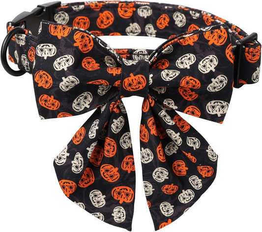 Lionet Paws Halloween Dog Collar with Bowtie - Cute Cotton Adjustable Black Bowtie Dog Collar with Metal Buckle for Small Medium Large Dog Girl Boy Gift, L, Neck 16-24in