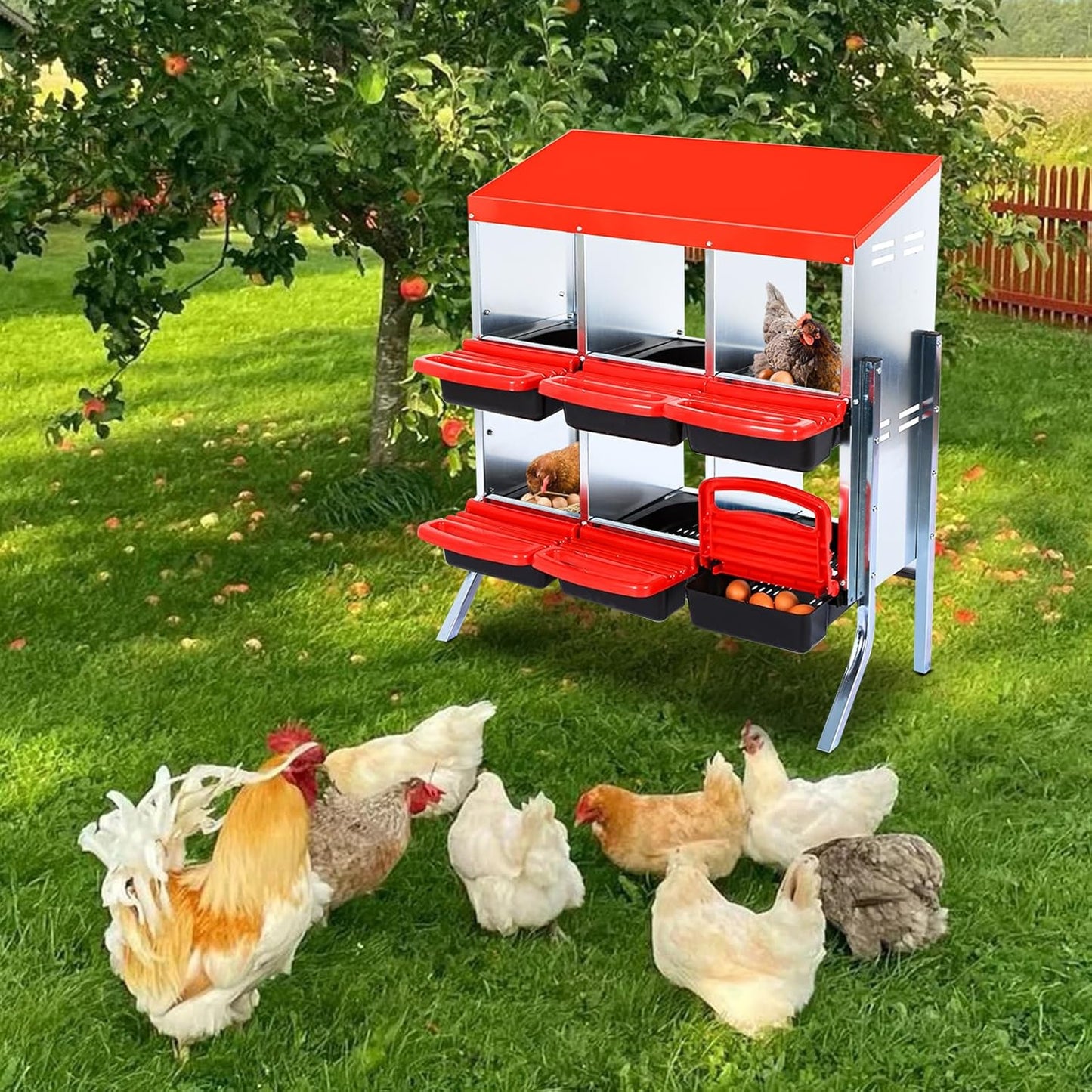 Nesting Boxes for Chickens, Chickens Laying Boxes for Chicken Coop with Legs, 6 Compartments Chicken Nesting Boxes, with Removable Tray, Easy Cleaning, for Hens Outdoor Chicken Coop Farm Yard, Red