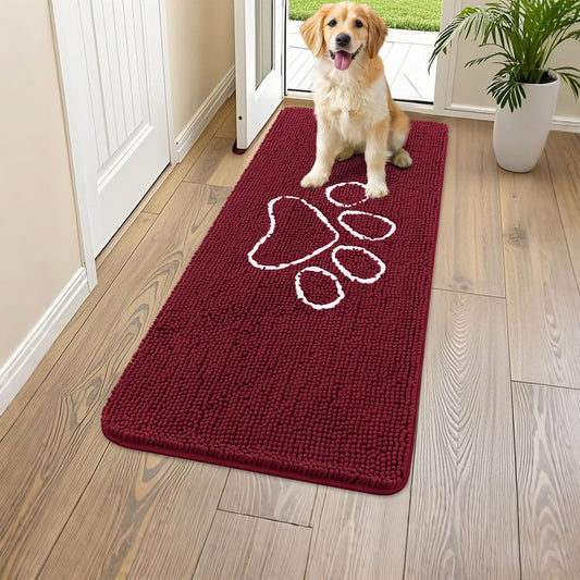 Smiry Dog Door Mat for Muddy Paws, Absorbent Dirt Trapper Non Slip Quick Dry Washable Chenille Mat for Mud Dogs, Entry Rug for Indoor and Outdoor (47x24 Inches, Burgundy)