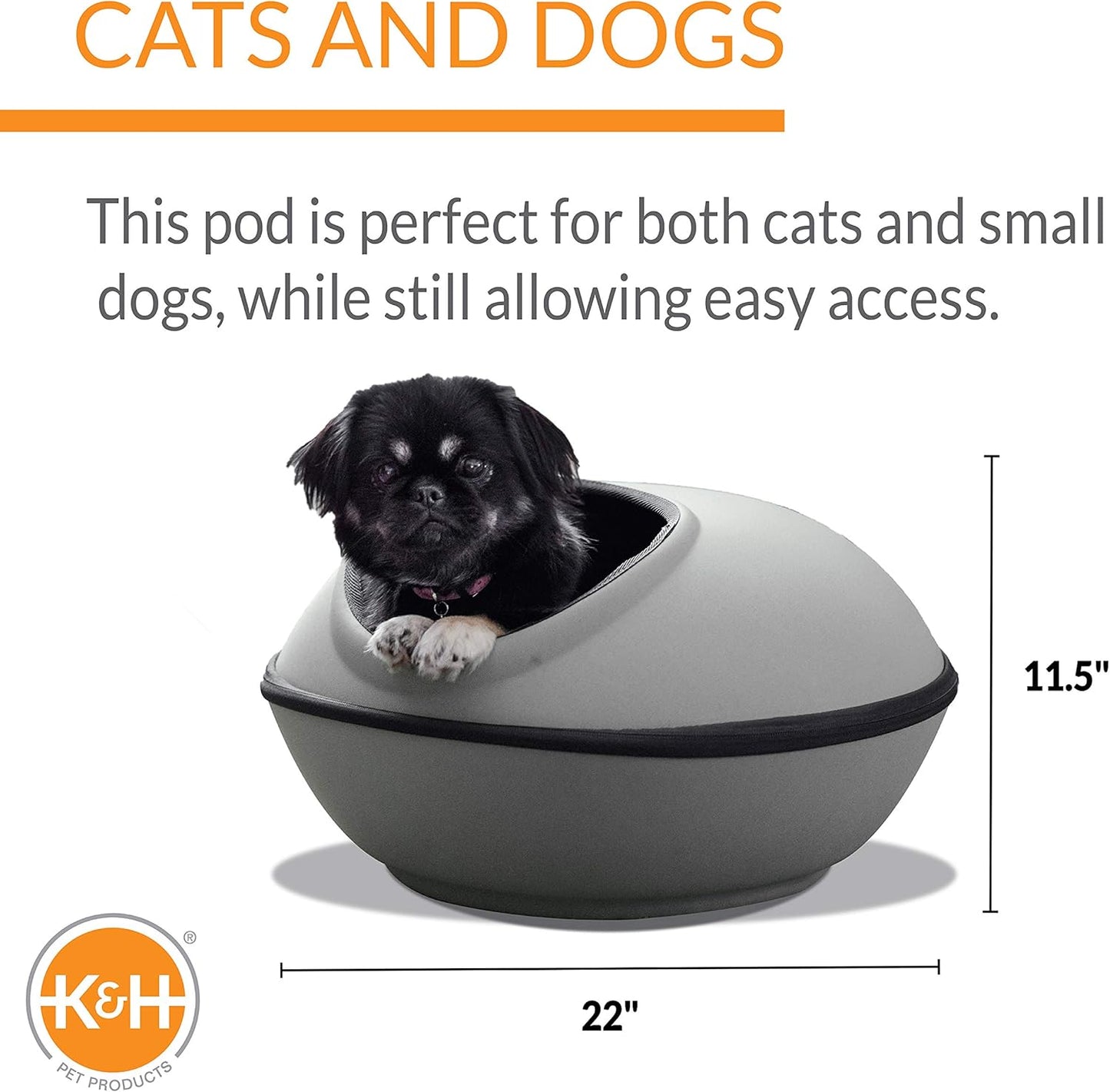 K&H Pet Products Unheated Kitty Mod Dream Pod Cat Bed for Large Cats or Small Dogs, Indoor Covered Privacy Cave, Collapsible, Easy Clean Washable Cushion - Unheated Round 22in Gray/Black
