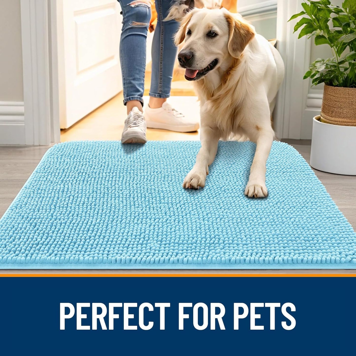 OLANLY Dog Door Mat for Muddy Paws 59x35, Absorbs Moisture and Dirt, Absorbent Non-Slip Washable Doormat, Quick Dry Chenille Mud Mat for Dogs, Entry Indoor Entryway Carpet for Inside Floor, Blue