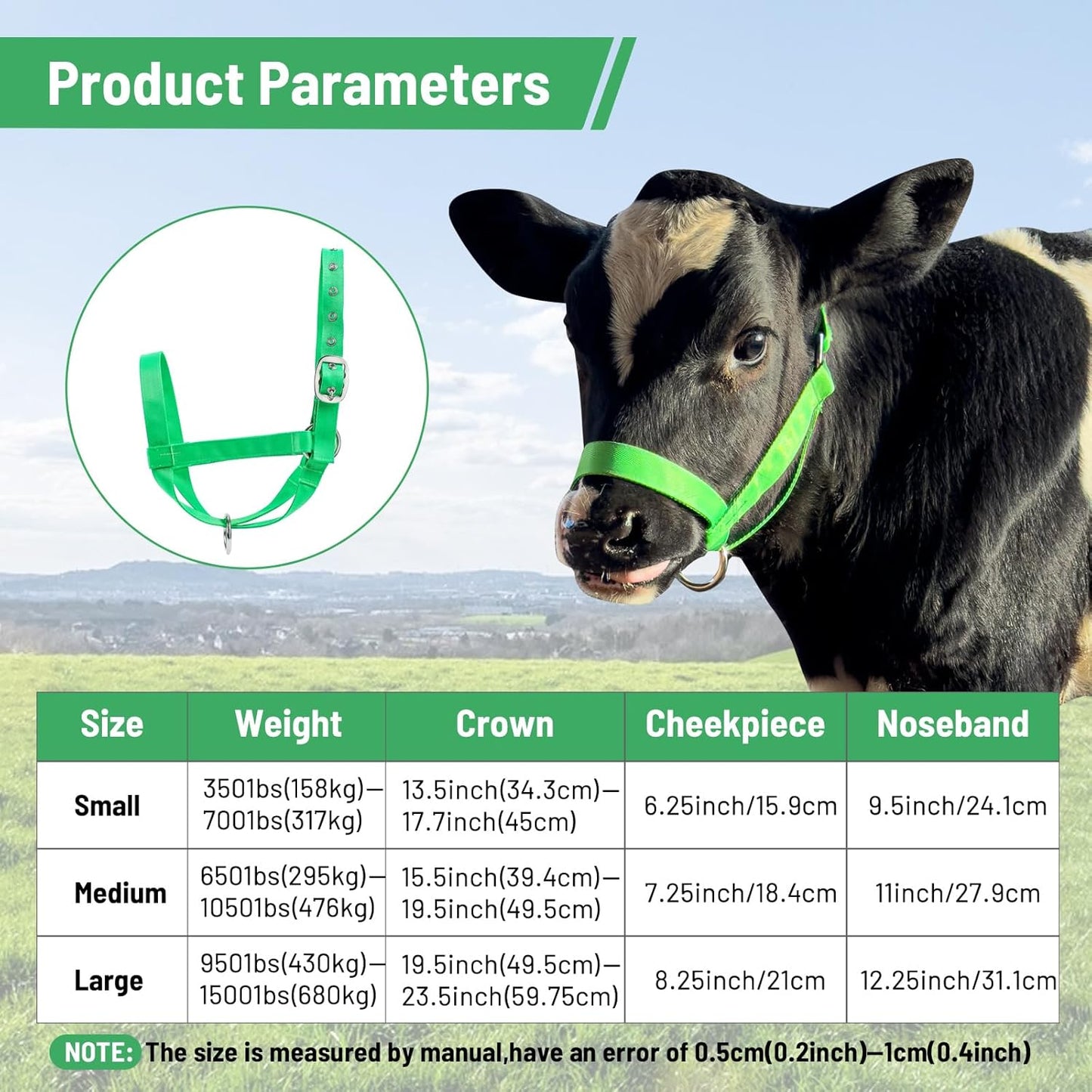 XUANNIAO Easily Adjustable Figure 8 Cow Halter, Double-Ply Premium Livestock Cattle Halters, Colorful Cow Utility Calf Halter with Leading Rope for Miniature Horse Donkey Goat Foal (Small, Green)