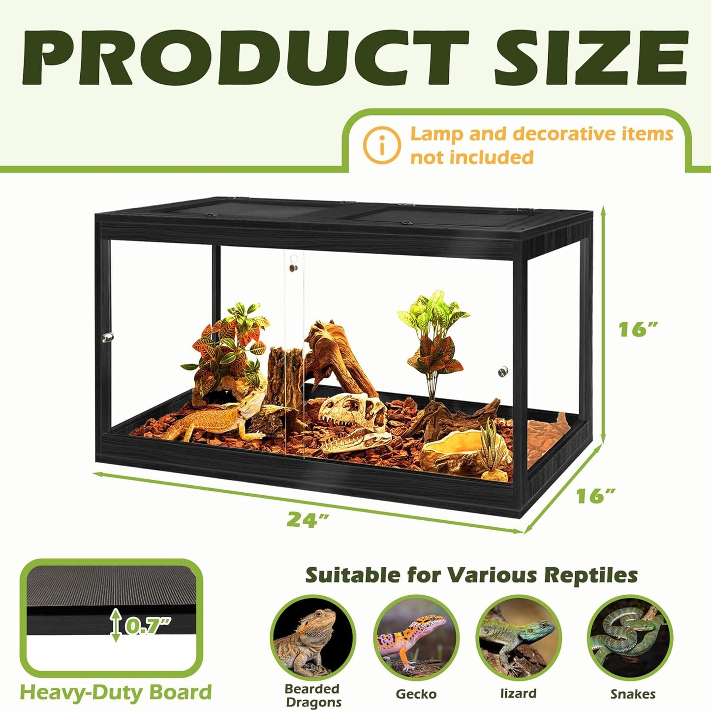 Prolee Tempered Glass Bearded Dragon Tank,Reptile Encloure and Snake Tank with Metal Mesh Roof Door,Locking Design Reptile Tank for Lizard,Gecko,Chameleon (Black, 28 Gallon (24x16x16 Inch))