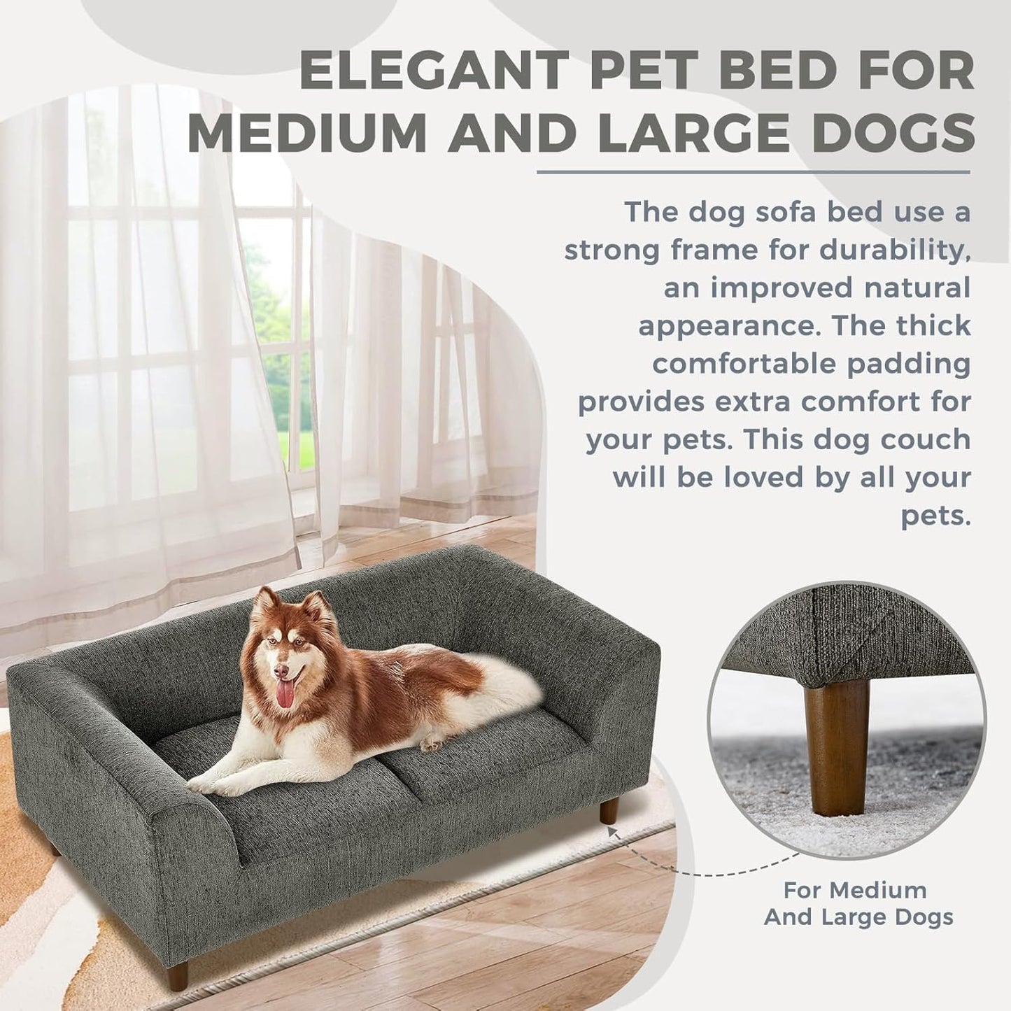 Dog Sofa Couch for Medium to Large Dogs, Memory Foam Dog Sofa Bed, Modern Elevated Pet Couch Bed with Wooden Legs for Medium and Large Dogs, Dark Grey