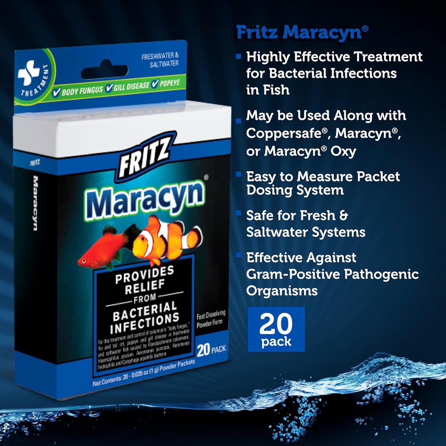 Fritz Maracyn - for Saltwater and Freshwater gram-Positive Relief from Bacterial gil, Popeye, More - Easy dose Packets, 20 Count