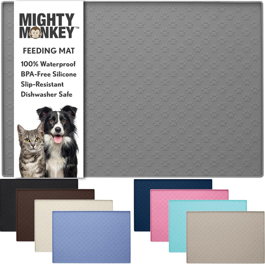 MIGHTY MONKEY 100% Waterproof Dog Food Mat, Raised Edges Silicone Pet Feeding Placemat for Cat, Dogs, Pet Bowls, High Lipped Tray Prevents Water Spills, Food on Floor, Dishwasher Safe, 18x12, Gray