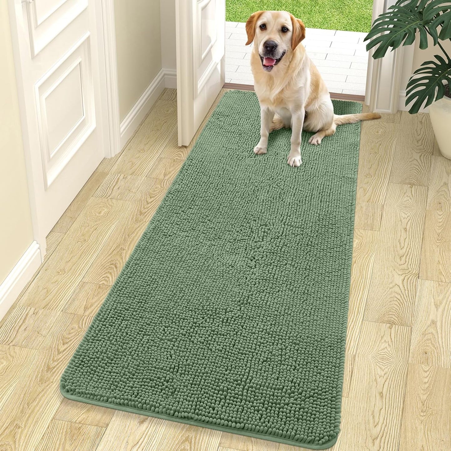 OLANLY Dog Door Mat for Muddy Paws 70x24, Absorbs Moisture and Dirt, Absorbent Non-Slip Washable Doormat, Quick Dry Chenille Mud Mat, Entry Indoor Entryway Carpet for Inside Floor, Olive Green