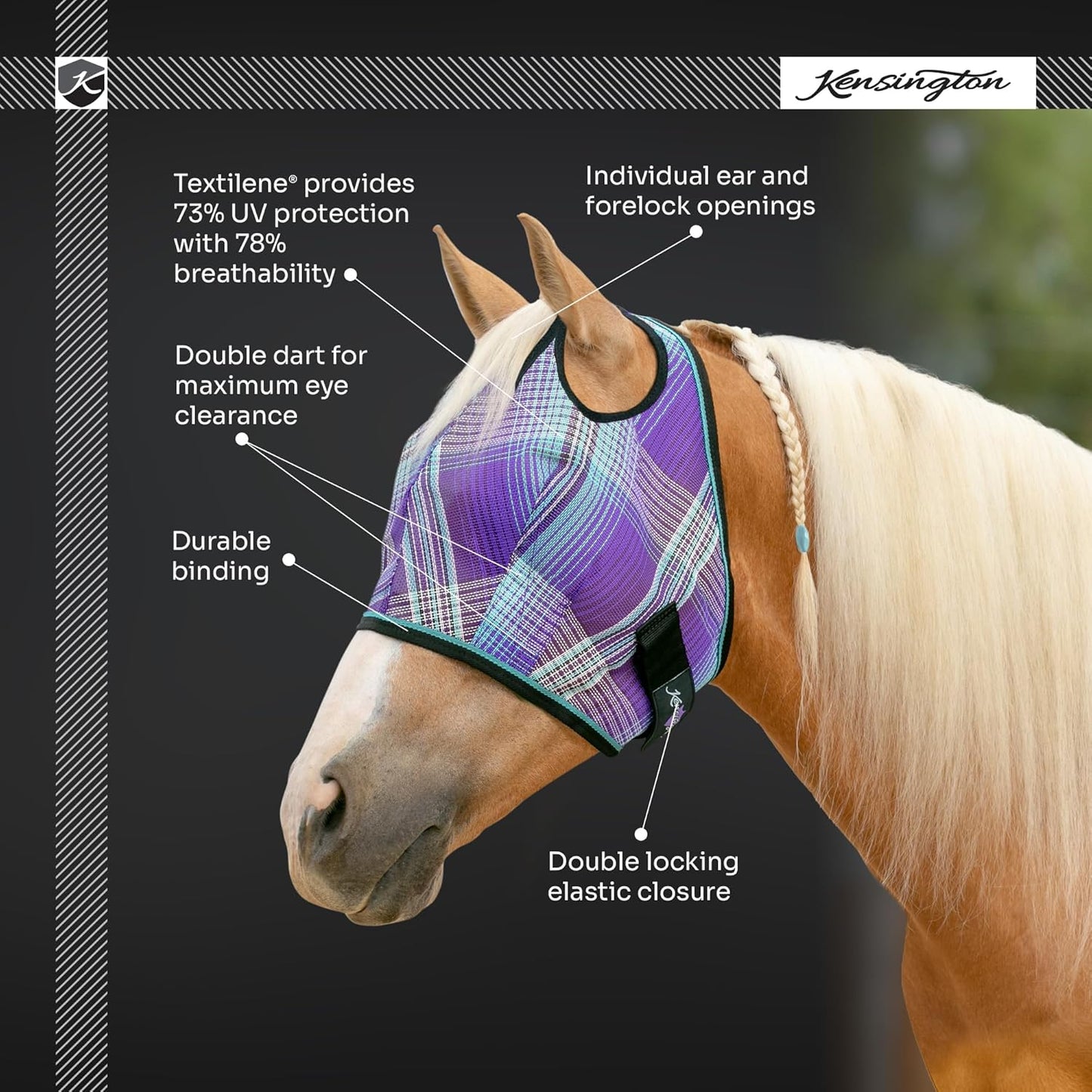 Kensington UV Horse Fly Mask with Web Trim - Protective Mask with Dual Ear Opening & Forelock Freedom - Medium, Desert Sand