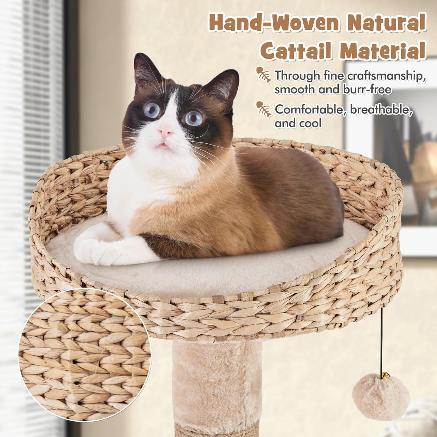 PETSITE 65 inch Cattail Cat Tree Tower, Multi-Level Cat Tower with Natural Jute Scratching Posts, Cat Bed, Top Perch, Dangling Balls and Jumping Platforms, Modern Tall Cat Tree for Indoor Cats