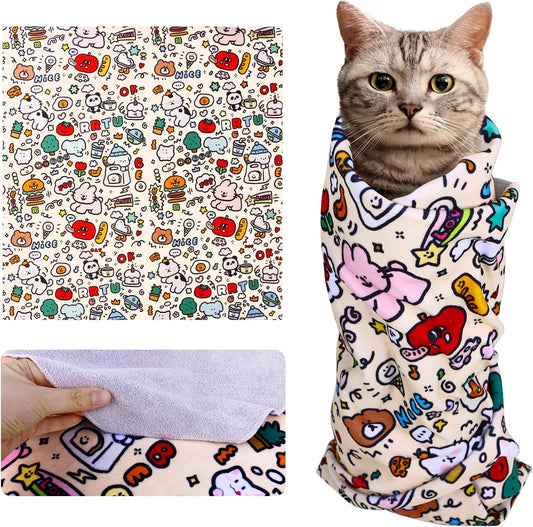 Cat Wrap for Cutting Nails and Grooming(27" x27"), Cat Restraint Wrap for Nail Clipping,Self-Adhesive Fabric Cat Swaddle Burrito Wrap for Nail Trimming (Graffiti Style)