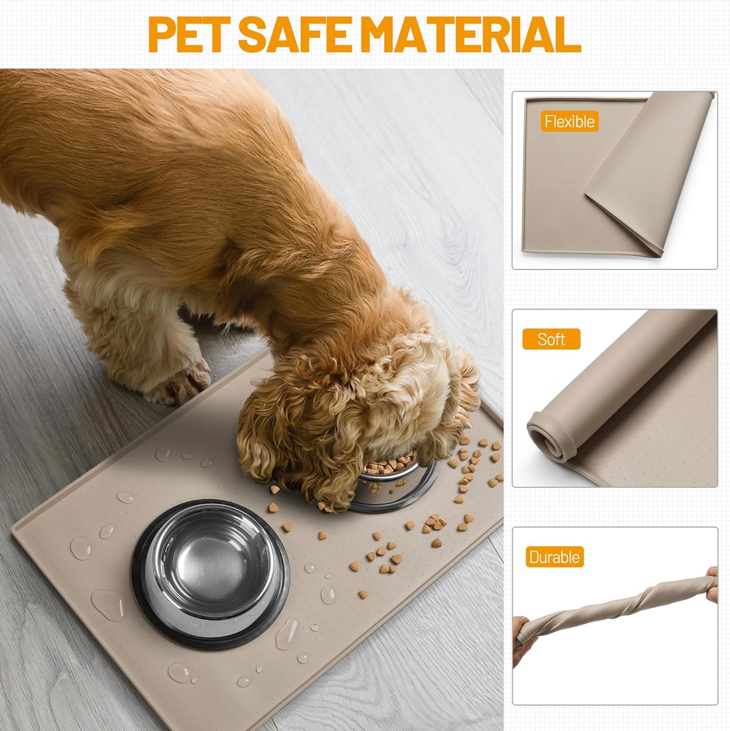Hubulk Dog Feeding Mat,100% Waterproof Food Grade Silicone Pet Food and Water Bowl Placemat,Dishwasher, High Raised Edge to Prevent Spills,Nonslip Tray to Stop Messes on Floor（28"x18"x0.8", Taupe）