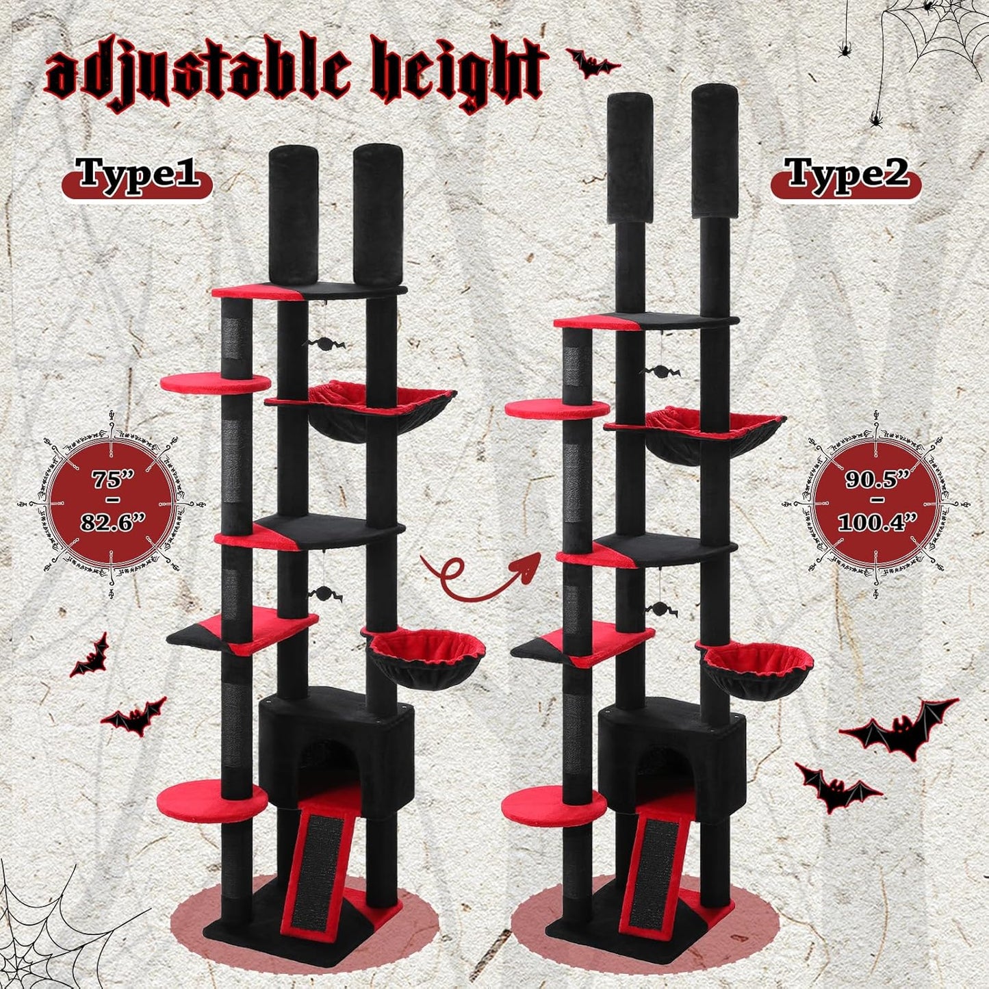 PEQULTI Tall Cat Tree, Floor to Ceiling Cat Tree Tower Adjustable [90.5''-100.4''=230-252CM] with Cat Condo, Hammock and Scratching Post, Gothic Cat Climbing Tree for Indoor Large Cats, Black