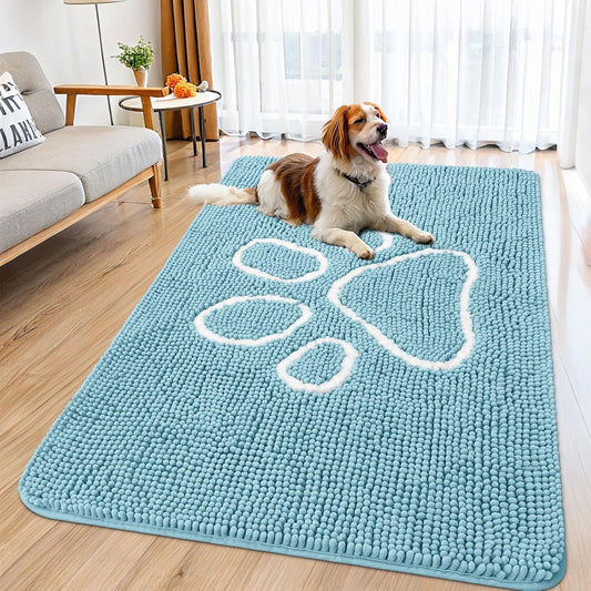 Smiry Dog Door Mat for Muddy Paws, Absorbent Dirt Trapper Non Slip Quick Dry Washable Chenille Mat for Mud Dogs, Entry Rug for Indoor and Outdoor (59x35 Inches, Sky Blue)