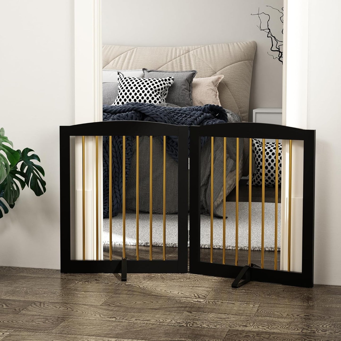 Freestanding Pet Gate for Dogs, Foldable Wooden Dog Gate for House, Stairs, Doorways, Step Over Pet Puppy Safety Fence,Support Feet Included,24" Height 2 Panels, Black&Gold