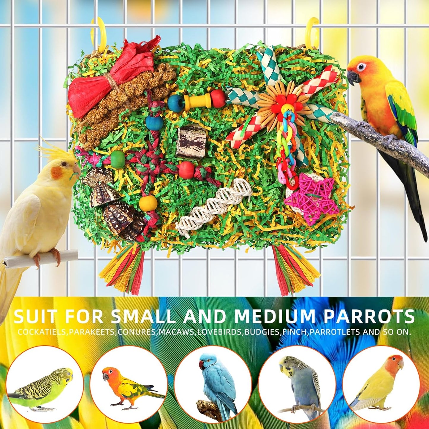 Bird Toys Parakeet Toys,Large-Sized Parrot Foraging & Shredding Cage Hanging Toys with Seagrass Mat for Budgies,Cockatiels,Lovebirds,Conures Small & Medium Parrots