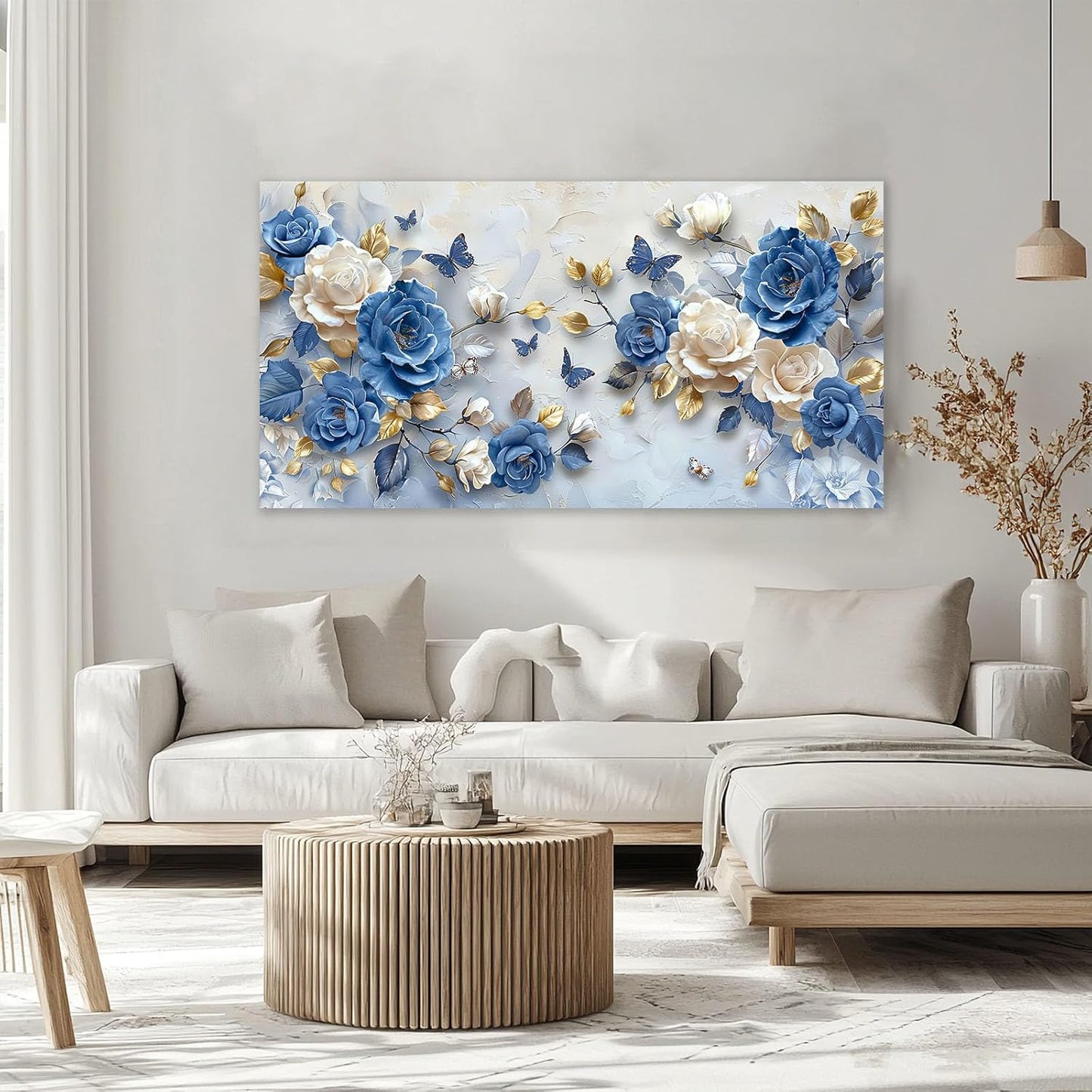 Large Flower Wall Art Canvas Living Room Floral Pictures Framed Prints Oversize Wall Decor Blue Butterfly Painting for Bedroom Dining Office Home 60"x30"