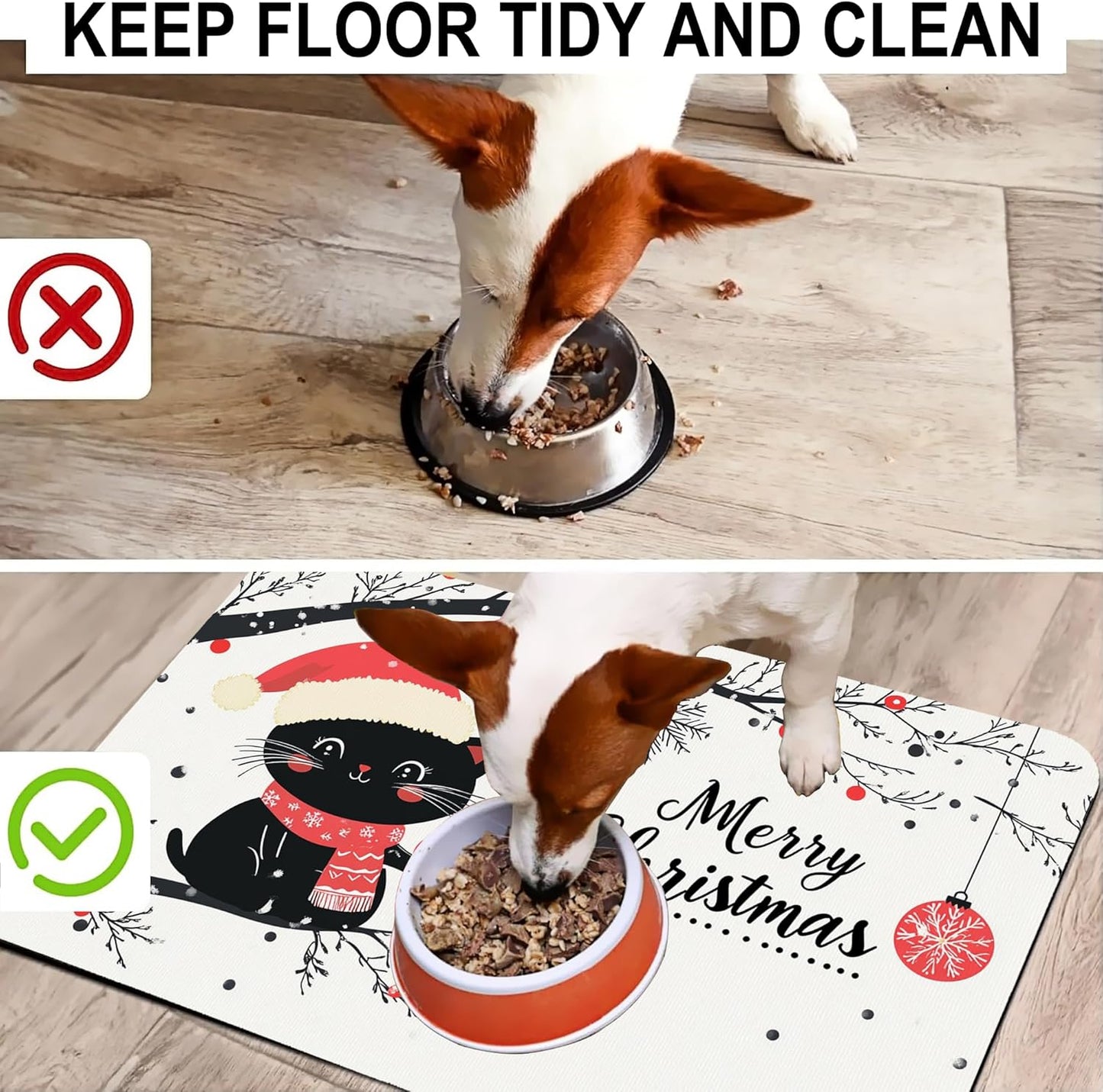 Christmas Black Cat Pet Feeding Mat-Quick Dry Absorbent Dog Cat Food Mat, Anti-Slip Water Bowl Mats for Messy Eaters-No Stains Indoor Pet Accessories 12"x20"