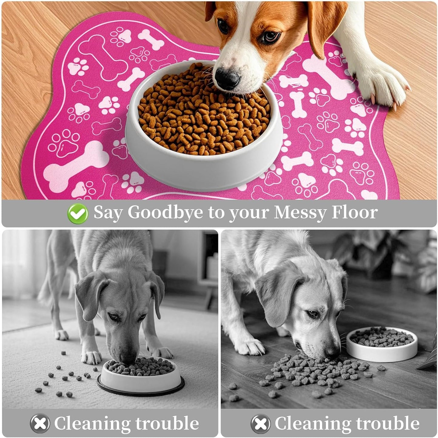Dog & Cat Food Mat Bone Shaped Pet Feeding Mat Quick Absorb Water Bowl Placemat with Rubber Backing Indoor Floor Stain Resistant Pet Accessory Supplies (Pink, 17x29 Inches)