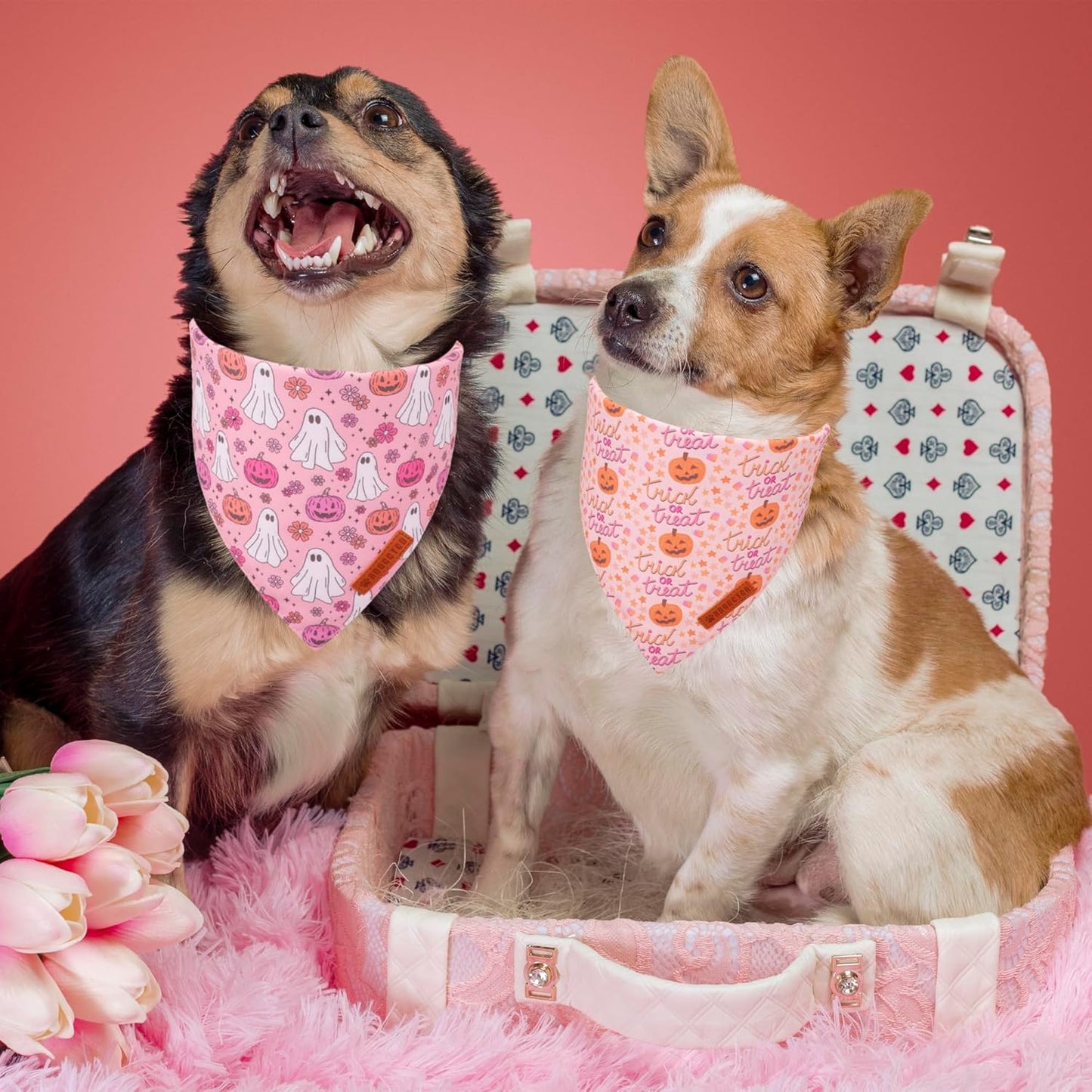 ADOGGYGO Halloween Dog Bandana, Pink Pumpkin Ghost Scarf, Adjustable Fit Female Halloween Bandanas for Medium Large Dogs Pets (Large)