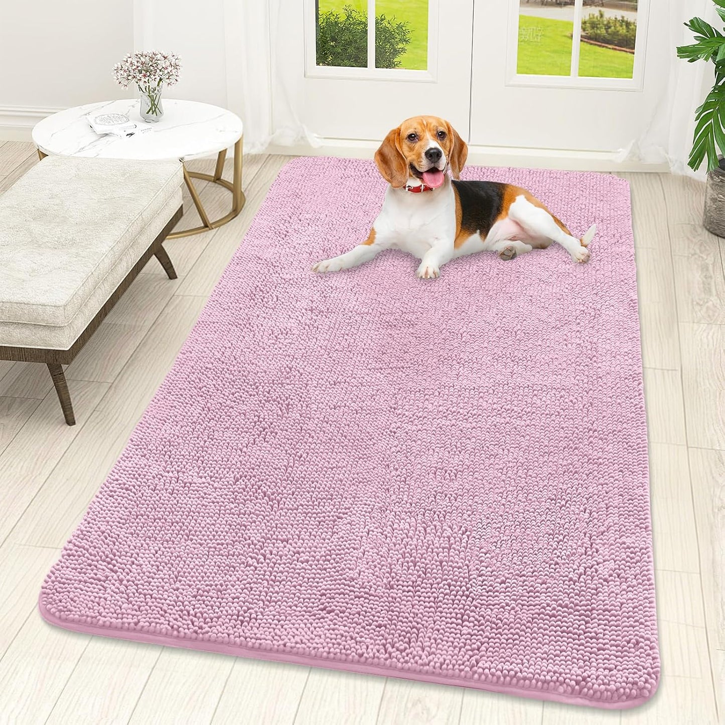 OLANLY Dog Door Mat for Muddy Paws 59x32, Absorbs Moisture and Dirt, Absorbent Non-Slip Washable Doormat, Quick Dry Chenille Mud Mat for Dogs, Entry Indoor Entryway Carpet for Inside Floor, Dusty Rose