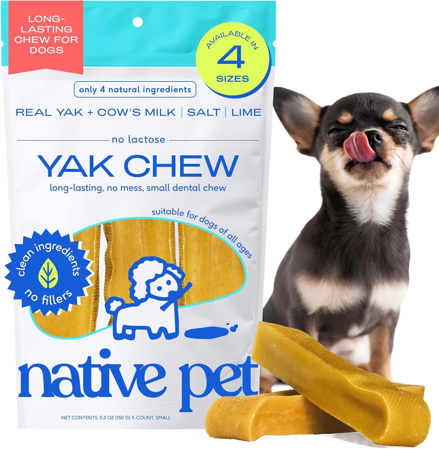 Native Pet Yak Cheese Himalayan Dog Chews - Long Lasting Dental Sticks for Small Breeds– 100% All Natural Himalayan Yak Chews for Small Dogs – Cheese Bone for Aggressive Chewers - 5 Per Pack