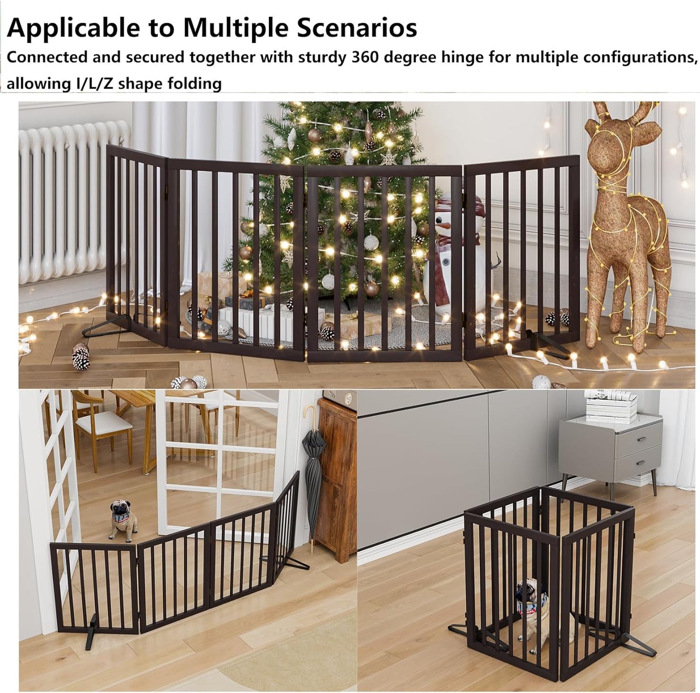 Wooden Dog Gate Freestanding Foldable 4 Panel Pet Gates Extra Wide Dog Gates for Indoor Doorways Stairs 24in Height Support Feet Included