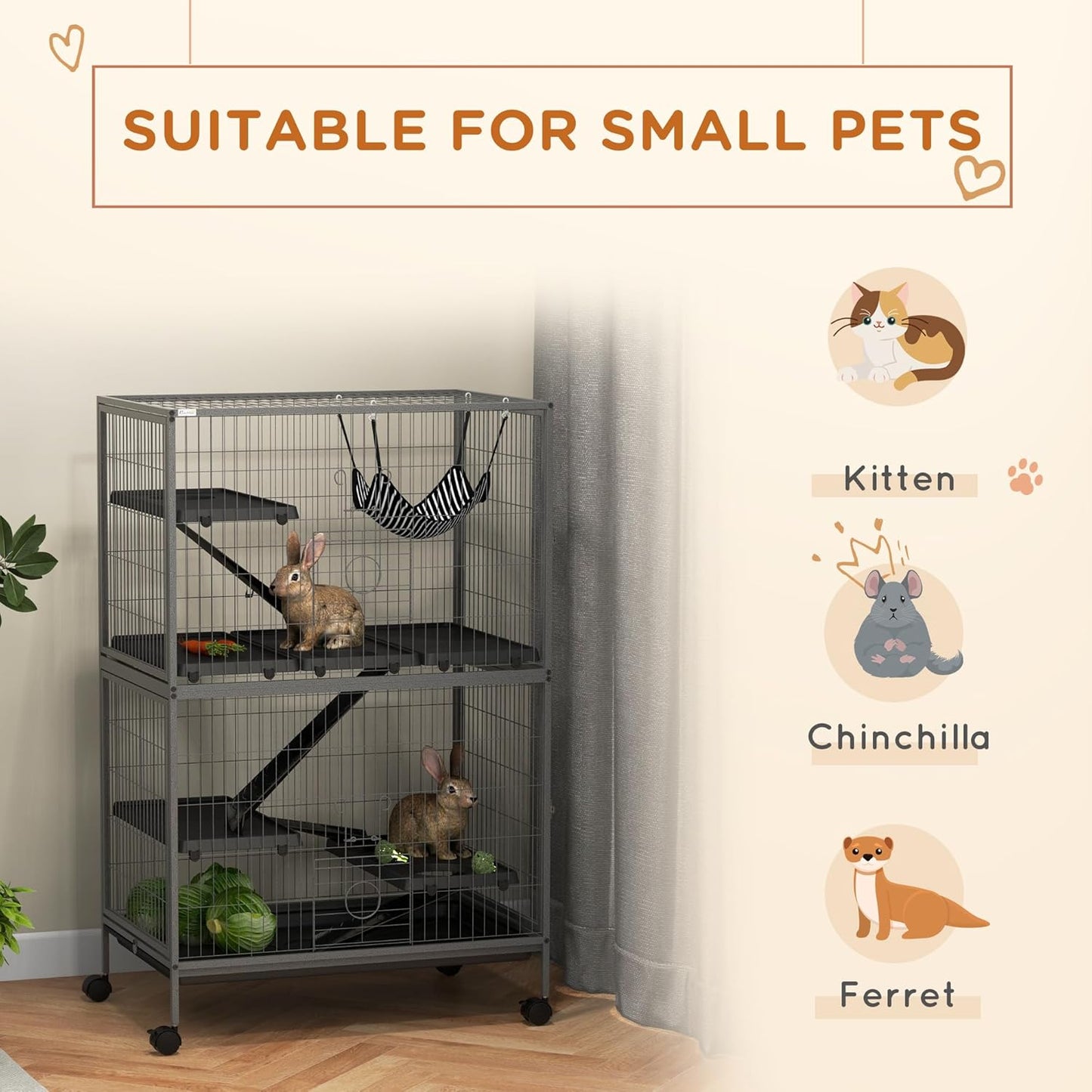 PawHut 50" 5-Tier Small Animal Cage, Ferret Cage, Large Chinchilla Cage with Hammock Accessory & Heavy-Duty Steel Wire, Small Animal Habitat with 4 Doors, Removable Tray, Gray