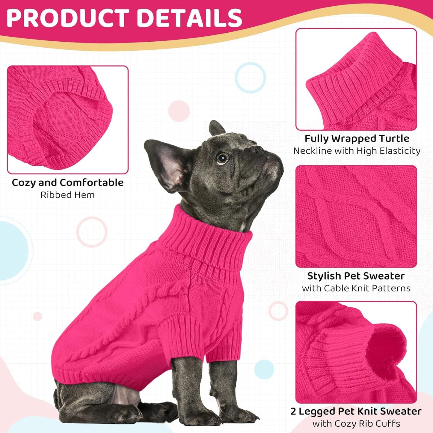 Queenmore Small Dog Pullover Sweater, Cold Weather Cable Knitwear, Classic Turtleneck Thick Warm Clothes for Chihuahua, Bulldog, Dachshund, Pug (Fuchsia, Medium)