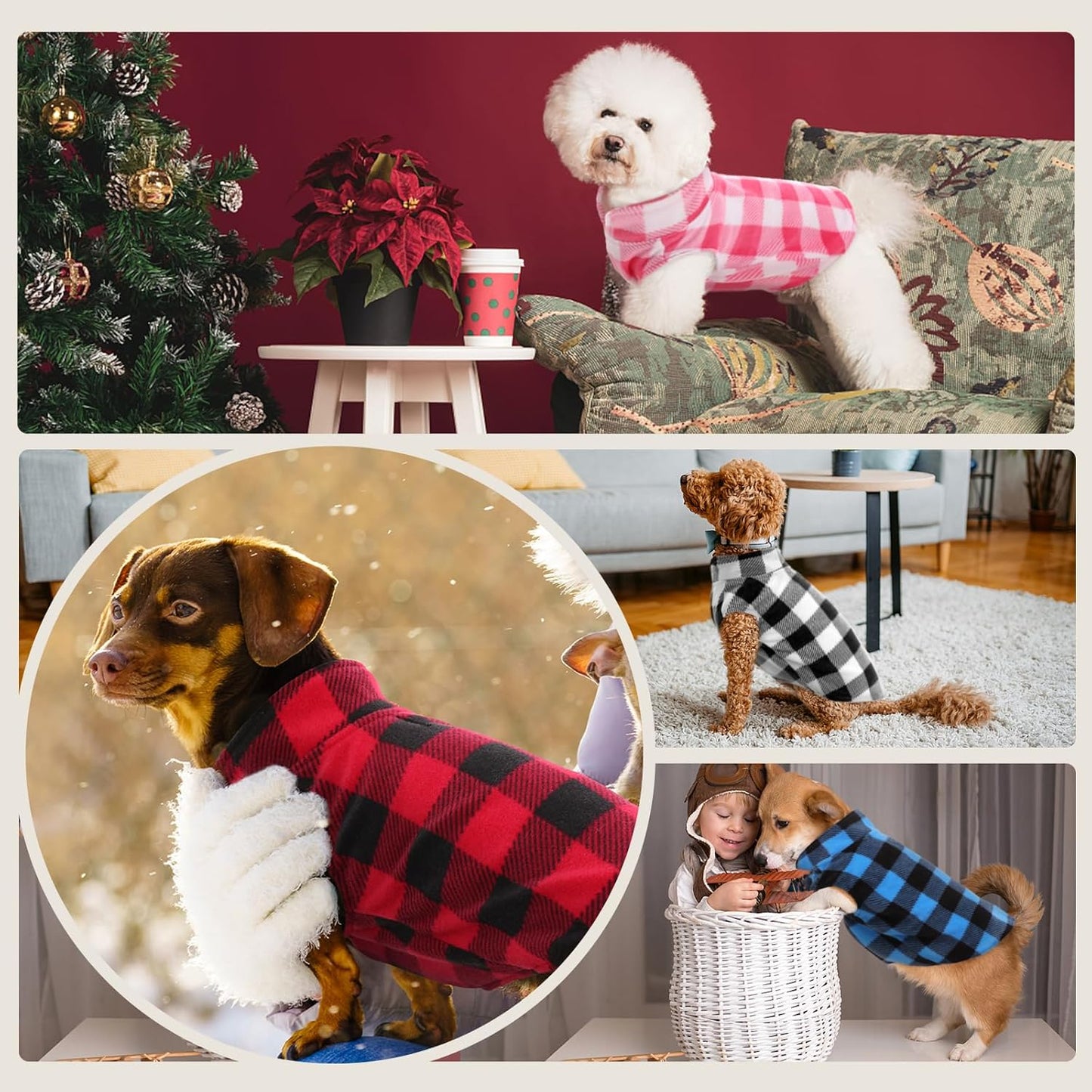 Kuoser Dog Fleece Vest,Warm Plaid Dog Sweater with Leash Hole,Soft Turtleneck Winter Pet Jacket Dogs Coat Pullover Clothes for Small Medium Dogs Cats,Spring Fall Cold Weather Christmas Outfit,Blue S