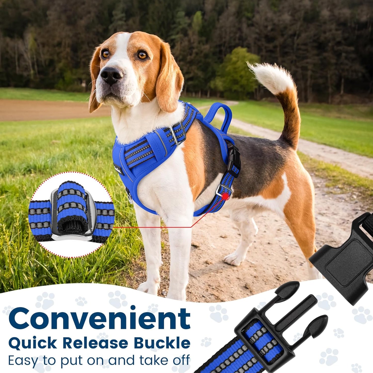 Funfox Dog Harness No Pull, Adjustable Pet Vest Harness, Super Soft Material with Vertical Handle Easy Control, Reflective Night Walking, 2 Leash Clips for Small Sized Dogs, Blue, S