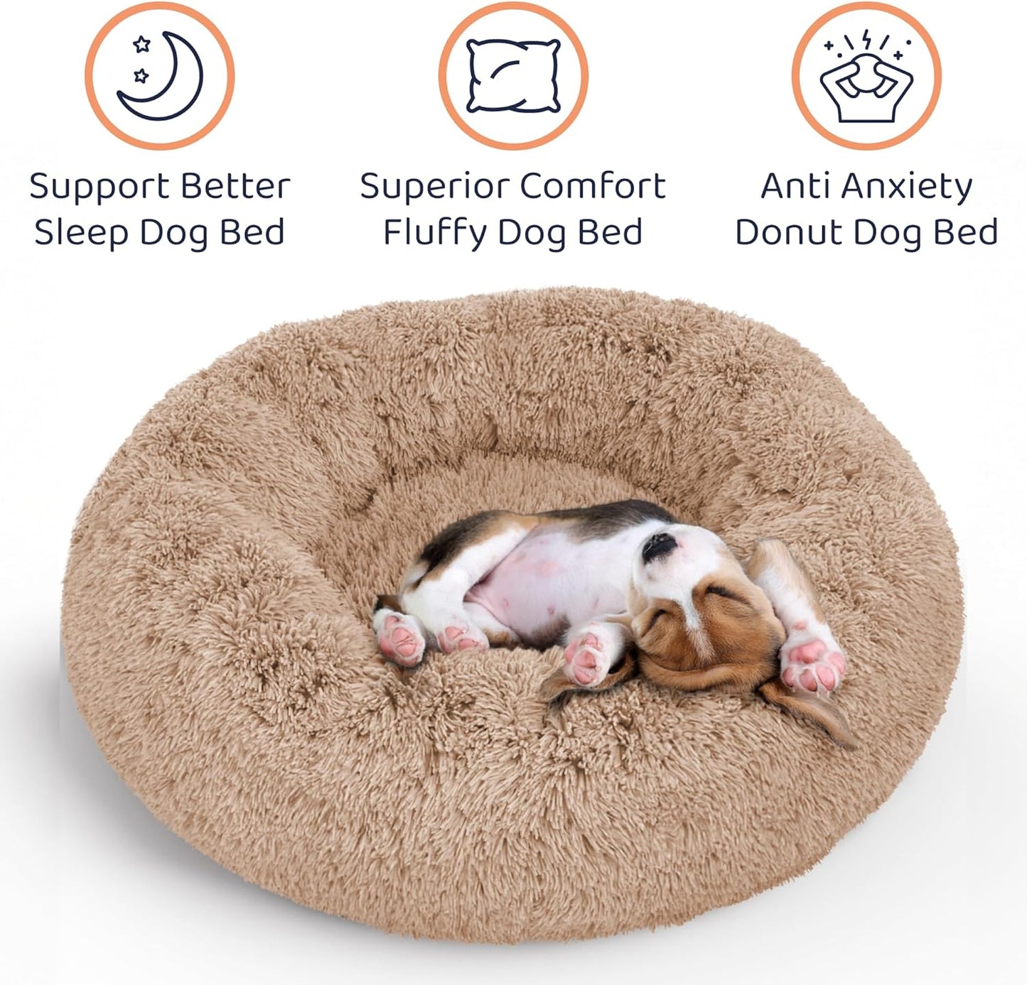 Donut Dog Bed - Premium Comfort for Anxiety Relief - Fluffy & Calming Design with Ultra-Plush Support | Cozy Round Dog Bed with Super Soft Circle Style (Size L Camel)