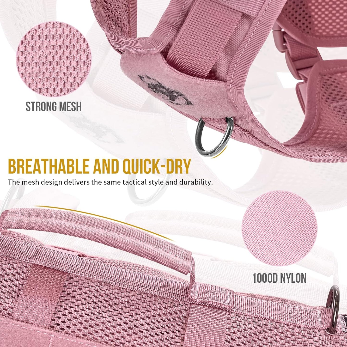 OneTigris Tactical Dog Harness for Small Dogs, No Pull Small Dog Vest Harness with Handles Breathable Military Dogs Molle Vests, Walking Hiking Training (Pink, X-Large)