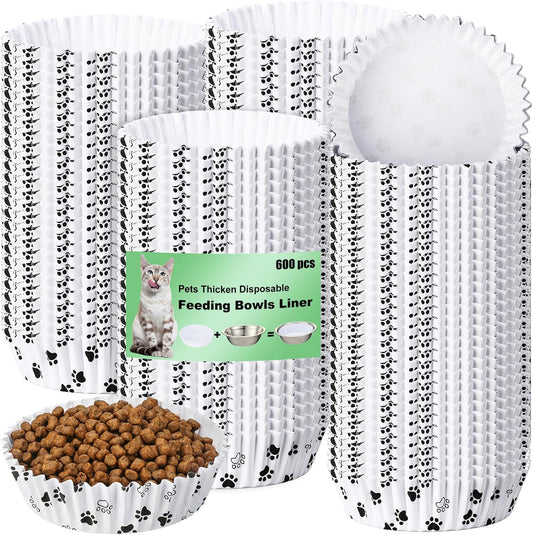 meekoo 600 Pcs Large Pet Disposable Feeding Bowls Liner Bulk Cat Food Bowls Small Paper Dish Paper Liner for Small Dogs Cats Dish Wet Food Feeding Station(White,Paw)