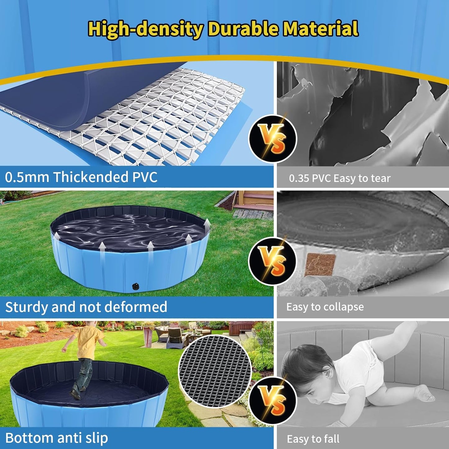 Foldable Dog Pool, 47" x 12" Kiddie Pool with Hard Plastic, Non-Slip Dog Bath Tub for Outdoor Backyard, Collapsible Dog Swimming Pool for Kids Dogs Pets (Blue)