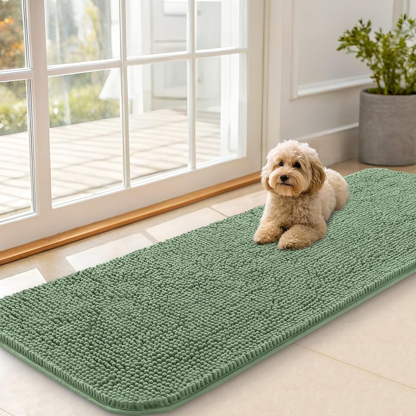 OLANLY Dog Door Mat for Muddy Paws 59x20, Absorbs Moisture and Dirt, Absorbent Non-Slip Washable Doormat, Quick Dry Chenille Mud Mat, Entry Indoor Entryway Carpet for Inside Floor, Olive Green