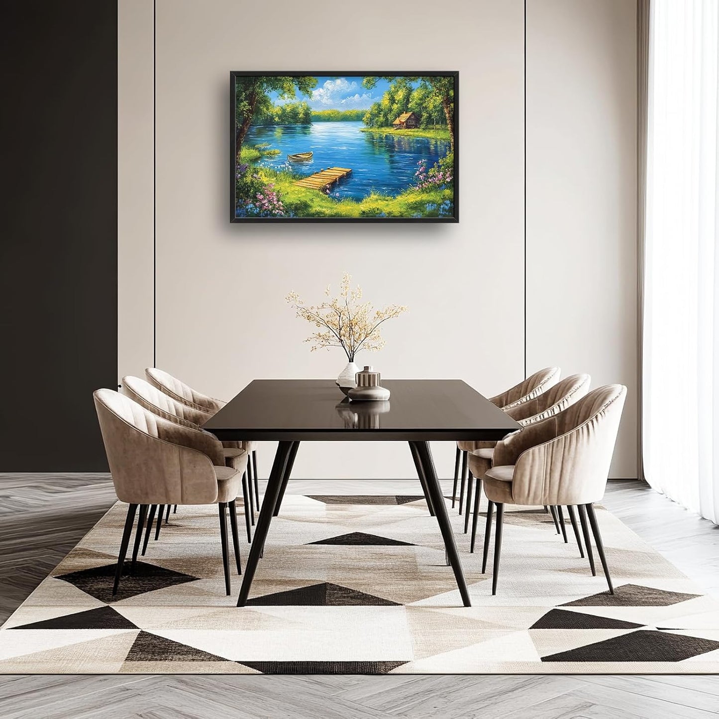 Large Lake Cabin Wall Art for Living Room, Framed Oversized Tree Boat Wildflowers Wall Decor Nature Landscape Canvas Painting Modern Artwork for Bathroom Bedroom Office Dining Room 36"x24"