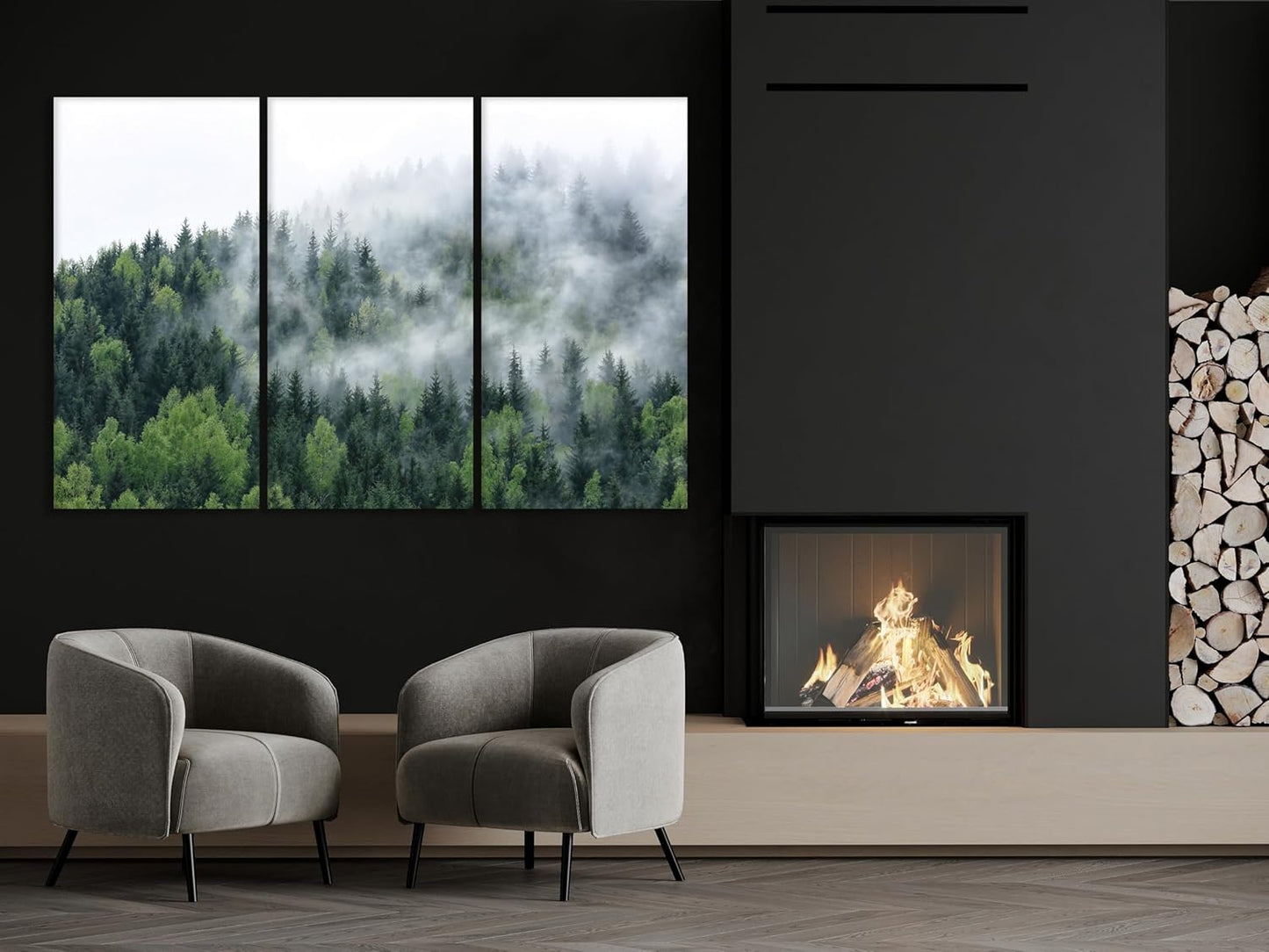 Nature Wall Art Prints - Ocean Forest Mountain Lake Canvas Landscapes - Small to Extra Large Living Room Bedroom Kitchen Bathroom Décor (Pine Trees in Fog, 39L" x 59W" - 3 Panels)