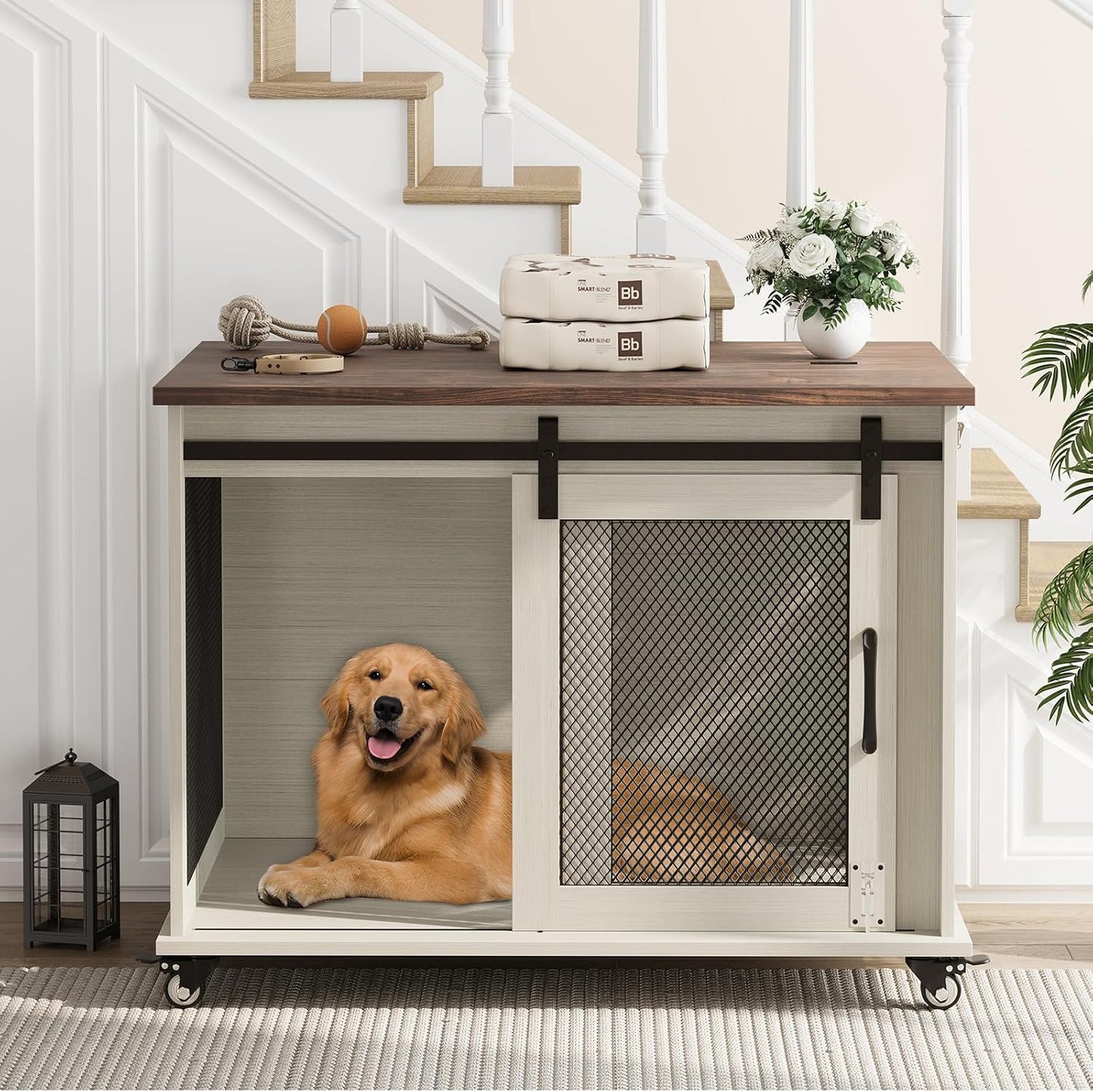 Dog Crate Furniture,37 Inch Indoor Dog Cage with Sliding Barn Door, Flip Top Dog Kennel End Table with Removable Divider, Farmhouse Wooden Pet House for Small to Middle Size Dogs