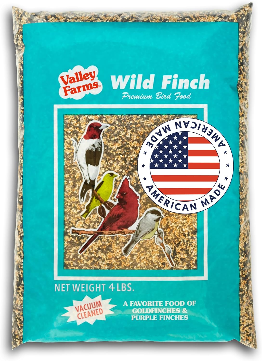 Valley Farms Wild Finch Mix (4 LB) Wild Bird Food for Outside Feeders, Wild Bird Seed with Millet and Chopped Sunflower Hearts for Birds, Finch Seed for Finch Feeders, Sunflower Kernels