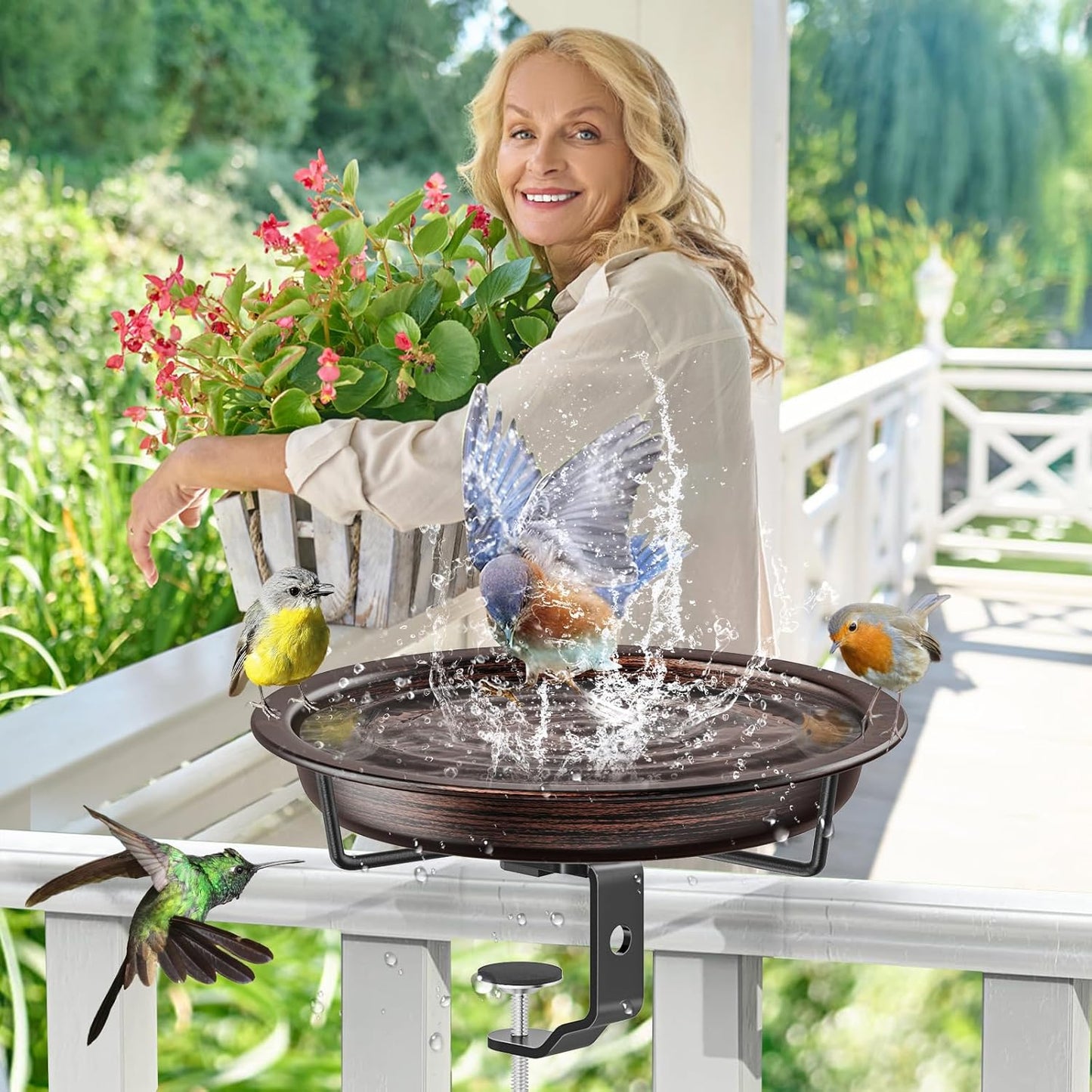 Deck Mounted Bird Bath for Outside, Detachable Birdbath Bowl with Sturdy Clamp, Outdoor Bird Baths Bowl for Attracting Birds Garden Yard Decor (Brown)