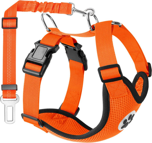 Lukovee Dog Seat Belt - Adjustable Dog Car Harness for Large, Medium, Small Dogs - Soft Padded & Breathable Mesh Dog Seatbelt with Vehicle Connector Strap (Orange, Small)