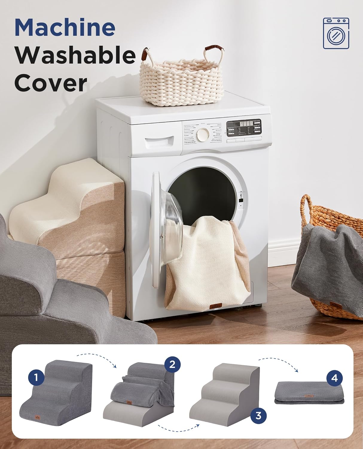 Gray Curved Dog Stairs Ramp for Small Dogs & Cats 17.1" H, 3-Step Dog Steps for Couch Sofa and Chair, Pet Stairs for Cats, Non-Slip Balanced Pet Steps