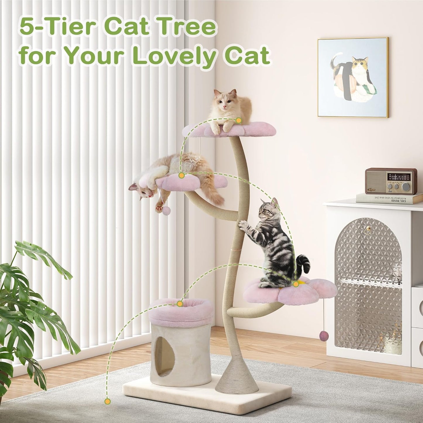 COZIWOW Aesthetic Cat Tree for Large Cats, 57'' Tall Modern Cat Tree Tower Scratching Post with Large Condo, Cat Bed, Side Perch, Luxury Cat Gifts