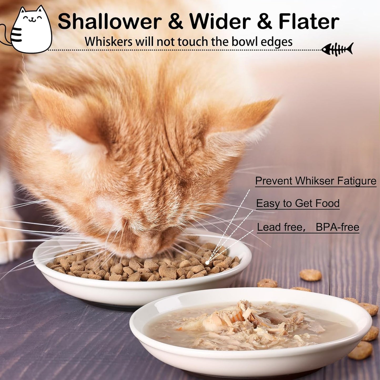 Cat Food Bowl,Healthy Ceramic Cat Bowls for Indoor Cats,Anti Whisker Fatigue Cats Dishes Set,Shallow Wide Kitten Plates for Food and Water,Non-Slip Silicone Bottom,3 Pack